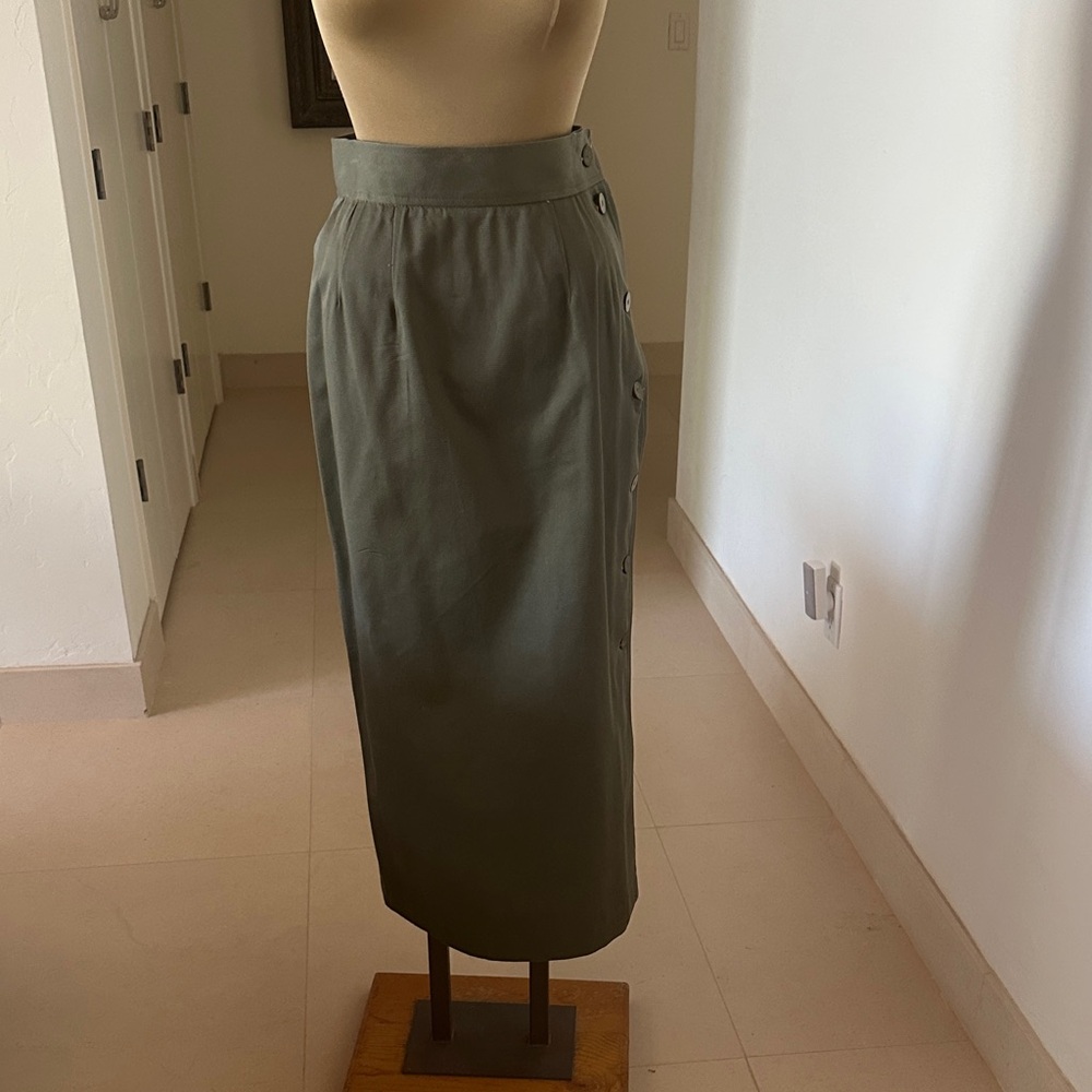 High-Rise Olive Midi Skirt with Side Button Trim